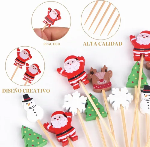 Vista 3 de JtmyAota - 100 unidades de palillos de dientes de Navidad para aperitivos, palillos de bambú natural de 4.7 pulgadas para cóctel, pastel, postre