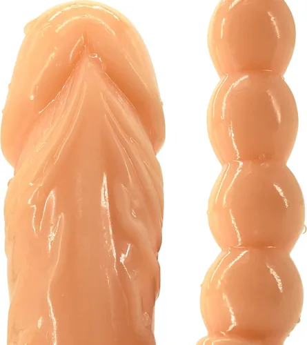 Vista 5 de Consolador de doble punta de 18.89 pulgadas Dong cuentas anales con venas y glande para estimulación anal vagina doble cara polla masajeador