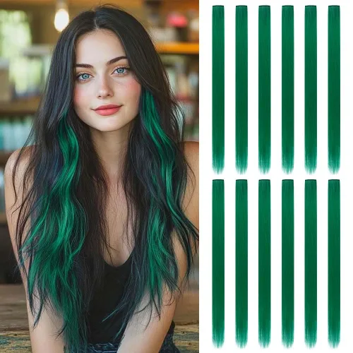 Vista 15 de 20 extensiones de cabello con clip de colores para niñas, extensiones de cabello arcoíris multicolor de 20 pulgadas, reflejos instantáneos, piezas