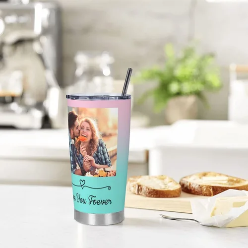 Vista 7 de Vasos personalizados con tapas y pajitas de 20 onzas, taza de café de acero inoxidable con foto personalizada con nombre, texto, taza de café