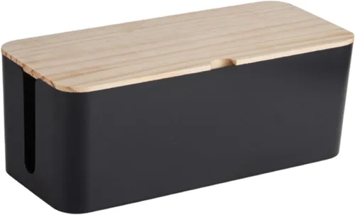 Vista 4 de Toyvian Cable Storage Box with Natural Wood Lid, Medium round Holed Wire Organizer Case for Power Strip and Charger, Anti-electric Socket Cable