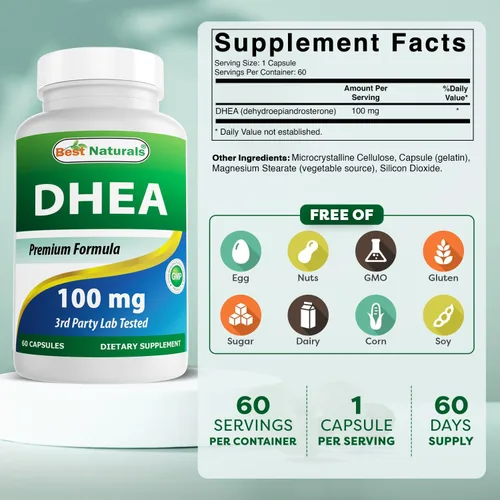 Vista 2 de Best Naturals DHEA Suplemento de 100 mg 60 cápsulas – Apoya los niveles hormonales equilibrados para hombres y mujeres – Promueve un envejecimiento