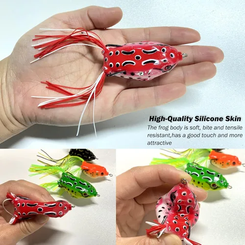 Vista 3 de Señuelo de rana Topwater, kit de señuelos de pesca para trucha, señuelos de rana realistas con ganchos sin hierbas, cebo flotante suave para agua