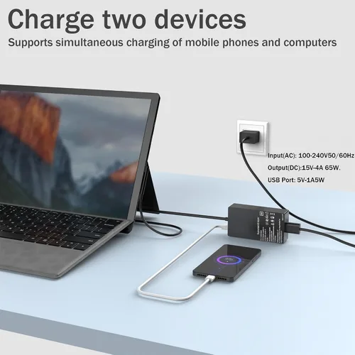 Vista 5 de Nuevo cargador Surface Pro de 65 W compatible con Microsoft Surface Pro 11,10, 9, 8, 7+, 6, 5, 4, 3, X, Windows Surface Laptop 6, 5, 4, 3, 2, 1