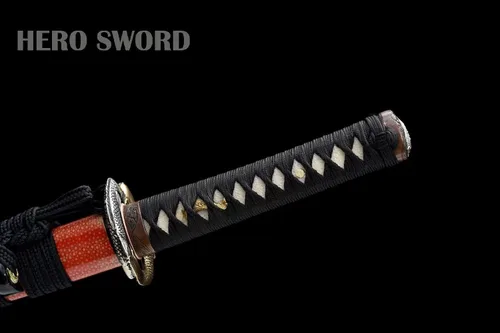 Vista 9 de Wakizashi - Espada samurái de acero templado plegado, auténtica, japonesa pura, manual, avanzada, piel de rayos, color rojo y negro, 31 pulgadas