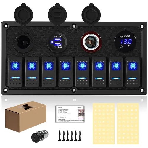 Vista 27 de Panel de interruptores de barco marino de 5 posiciones con cargador USB dual y voltímetro, panel de interruptores basculantes de aluminio