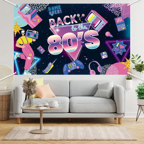 Vista 8 de Pancarta de fondo de fiesta temática de los años 80 de 6 x 3.6 pies, diseño retro de videojuegos, decoración de fiesta de cumpleaños de los años 80