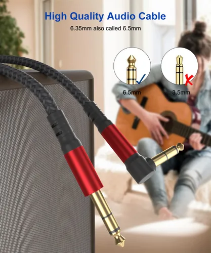 Vista 2 de Cable de guitarra TRS de 1/4 pulgadas, paquete de 2 cables de instrumento, cable AMP de guitarra recto a ángulo recto, cable de audio estéreo