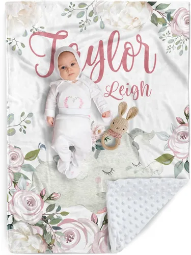 Vista 22 de Manta de bebé personalizada, manta de felpa suave con respaldo de puntos de doble capa para niños y niñas, nombre personalizado con diseño de animal