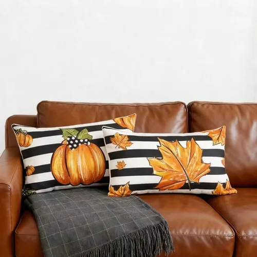 Vista 3 de Juego de 2 fundas de almohada de calabaza otoñal de 12 x 20 pulgadas, fundas de almohada decorativas de otoño con rayas de arce para sofá