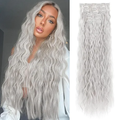 Vista 11 de LONAI - Extensiones de cabello con clip, 6 piezas, rizadas, de 24" de largo, sintéticas, para mujer, color rubio ceniza natural