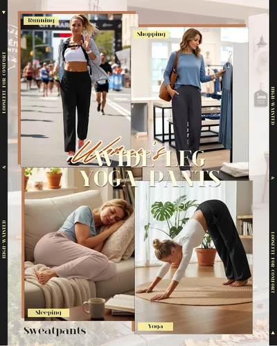 Vista 46 de Neer - Conjunto de 3 pantalones de yoga de pierna ancha para mujer - Pantalones deportivos cómodos, holgados, de cintura alta y casuales