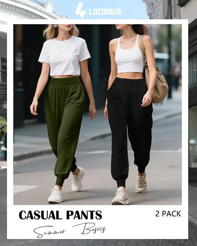 Vista 4 de Paquete de 2 pantalones deportivos de yoga para mujer, cómodos pantalones deportivos con bolsillos, casuales, holgados, cómodos y de cintura alta