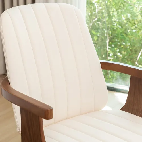 Vista 7 de WUPOTO Juego de 1 silla de comedor giratoria, silla de comedor moderna de mediados de siglo con artesanía de nogal, piel sintética tapizada, brazos