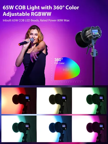 Vista 2 de COLBOR CL60R Luz de video RGB de 65 W, 2700 ~ 6500 K, iluminación de salida continua, 13 efectos de luz con montaje Bowens, control de aplicación