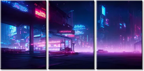 Vista 49 de Cuadros de 3 paneles de Cyberpunk City - Arte de pared de vallas publicitarias de edificios modernos en la capital con obras de arte modernas