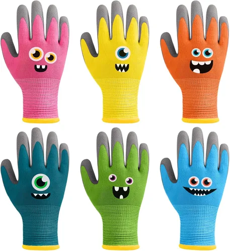 Vista 7 de 6 pares de guantes de jardinería para niños, guantes de trabajo para niños, guantes de jardín con revestimiento de goma para niños pequeños (S
