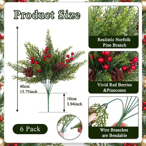Vista 2 de 6 Pcs Christmas Greenery Stems, Artificial Pine Branches with Red Berries and Pinecones, Faux Evergreen Floral Stems for Vase, Full Christmas Picks