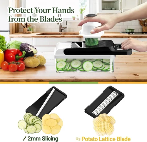 Vista 4 de StoreHappily Picador de Verduras 12 en 1, Picador de Verduras de 7 Cuchillas con Recipiente y Tapa, Cortador en Cubitos, Rebanador, Utensilios