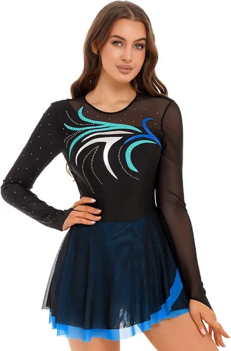 Vista 4 de Vestido de patinaje sobre hielo artístico para mujer, malla de retazos, uniformes de baile mayoreta, leotardos de ballet