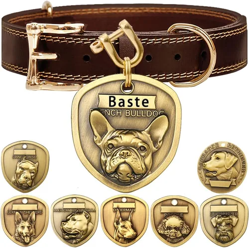 Vista 21 de Collar de cuero auténtico para perro + Juego de etiqueta para perro bulldog con relieve 3D (XS-S)