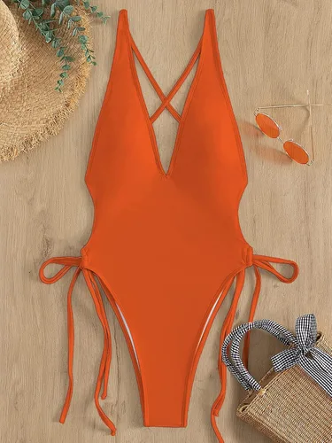 Vista 2 de SHENHE Traje de baño de una pieza con cuello en V profundo y espalda cruzada para mujer