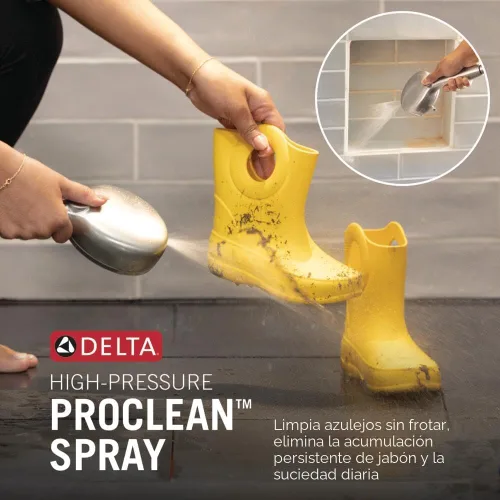 Vista 3 de Delta In2ition - Cabezal de ducha doble 2 en 1 de 5 ajustes con spray ProClean de alta presión de mano, cabezal de ducha desmontable dorado