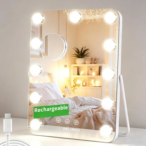 Vista 10 de halumao Espejo de tocador con luces, espejo de maquillaje iluminado de 14.5 pulgadas, espejo de maquillaje LED con luces para mesa de dormitorio