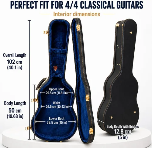Vista 2 de Crossrock Estuche de madera para guitarra clásica de tamaño completo 4/4, diseño superior arqueado, interior de felpa, pestillos de metal Negro