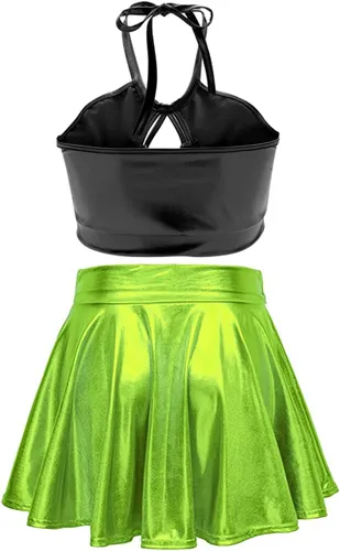 Vista 2 de Women's Rave Outfit Sets For Women Festivals 2 Pcs Metallic Tops long Skirt EDM Party Club Holographic Rave Outfits