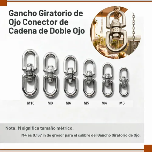 Vista 3 de Anillo giratorio M3 de acero inoxidable 304 Conector de grillete de gancho de ojo de doble extremo para colgar 6 piezas