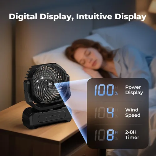 Vista 5 de Ventilador Portátil de Camping de 30000mAh con Linterna RGB, Alimentado por Batería Recargable Oscilante con 4 Velocidades de Viento Pantalla LED