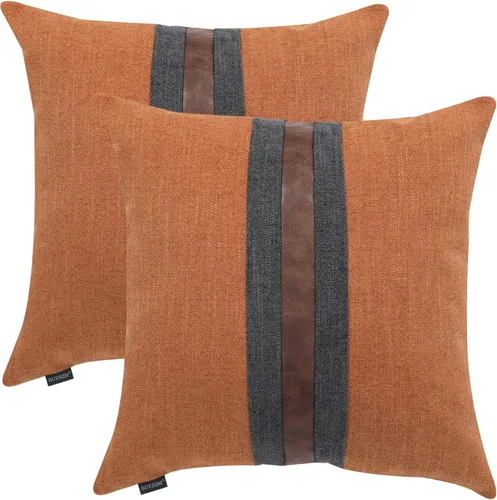 Vista 17 de Juego de 2 fundas de almohadas decorativas de cuero, decoración de exteriores, lino con parches, almohadas de cuero sintético marrón, funda