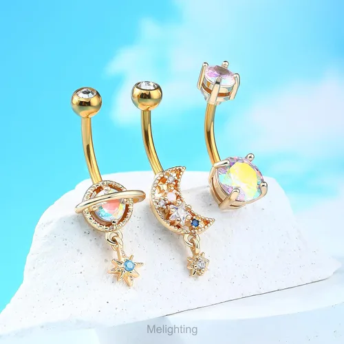 Vista 4 de Melighting Piercing de ombligo de acero inoxidable 316L azul de 14G para mujer, circonita cúbica transparente, planeta, ombligo, luna, ombligo