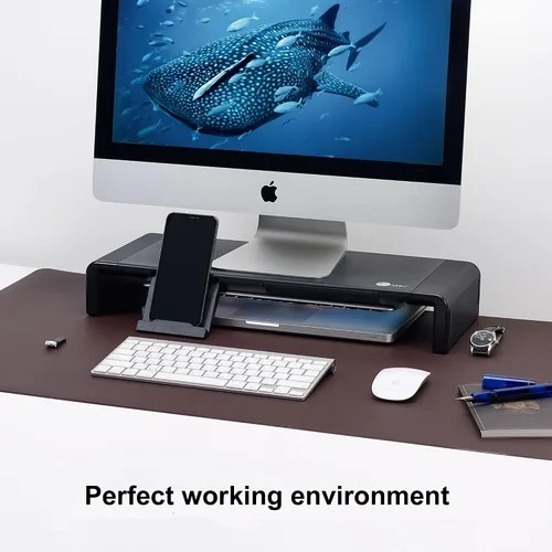 Vista 2 de SIIG Soporte elevador para monitor de computadora y portátil con soporte para teléfono, ancho ajustable en ambos lados, soporta hasta 55 libras