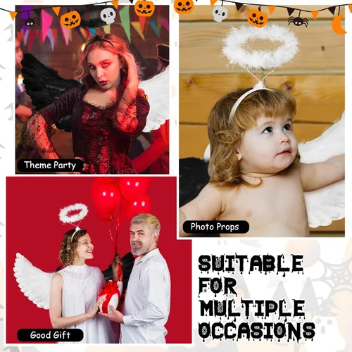 Vista 7 de Liliful 3 piezas de alas de diablo de ángel con diadema, disfraz doble de ángel diablo para niños y adultos, disfraces de Halloween con correas