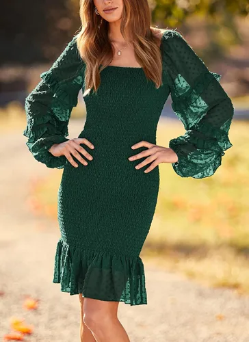 Vista 8 de PRETTYGARDEN Vestido corto ajustado fruncido para mujer, manga larga, cuello cuadrado, lunares suizos, volantes, vestido elegante de sirena