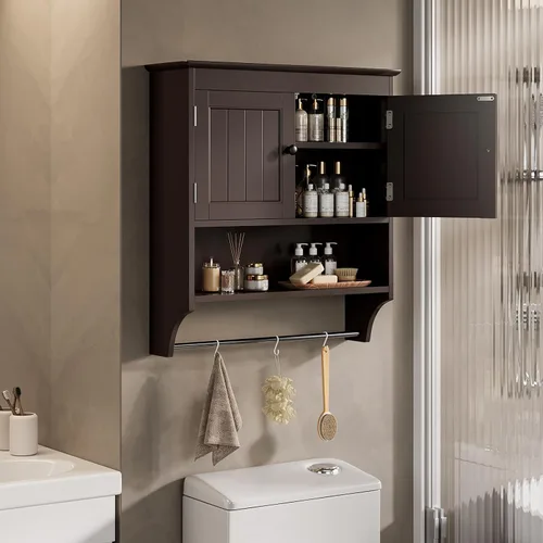 Vista 4 de Bealife - Gabinete de baño montado en la pared con barra para toallas y estantes ajustables, gabinete de almacenamiento sobre el inodoro, gabinete