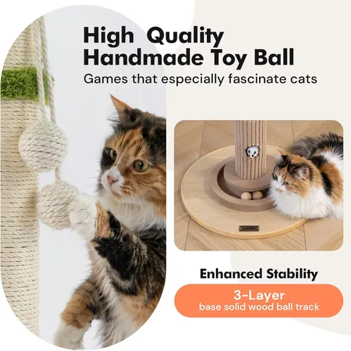Vista 4 de WOOCHPET Rascador para gatos de interior de 35 pulgadas de alto, rascador de sisal para gatos con juguete de ratón y bolas de pista, base de madera