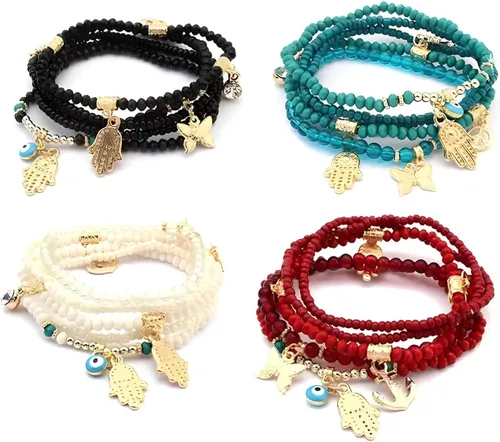 Vista 4 de Pulsera vintage chapada en oro de 18 quilates con dije de mariposa Hamsa y cuentas bohemias