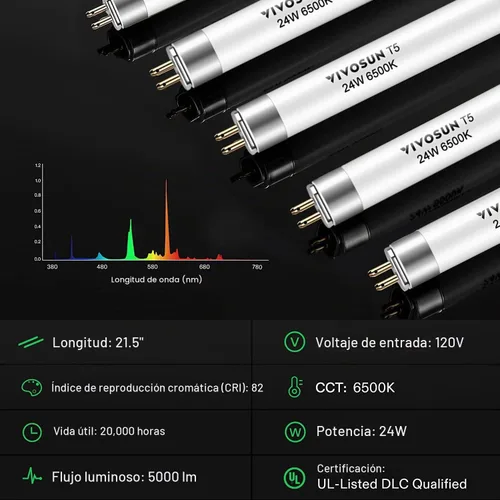 Vista 4 de VIVOSUN Bombillas T5 de crecimiento de 2 pies y 22 pulgadas, 24 W, 6500 K, tubos fluorescentes HO, bombilla blanca fría T5 para lámparas T5 de 22