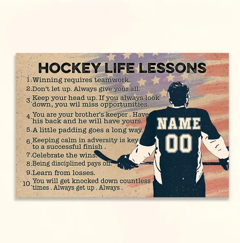 Vista 5 de Póster personalizado para jugador, hockey, motivacional, deportes, adolescentes, niños, lecciones de vida, bandera vintage, regalos de hockey