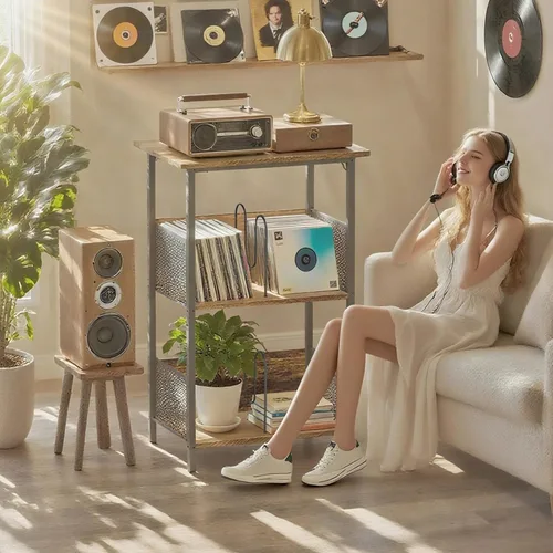 Vista 2 de Soporte para tocadiscos, soporte para discos de vinilo de 3 niveles, soporte giratorio con 2 separadores y 4 pies ajustables, mesa para tocadiscos