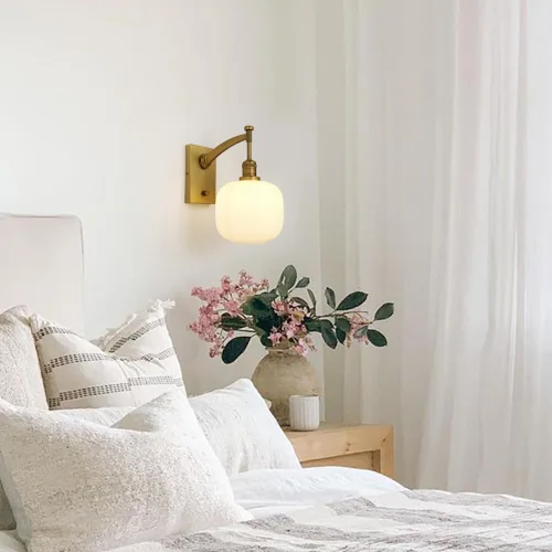 Vista 2 de Pathson Milk White Glass Wall Sconce with Switch, Hardwired Wall Vanity Light, Mid-Century Vintage Wall Lamp Fixture or Living Room Farmhouse