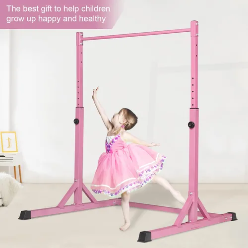 Vista 6 de Bongkim Barra de gimnasia para niños, barras horizontales de gimnasia de altura ajustable, equipo de gimnasia plegable, barra de entrenamiento