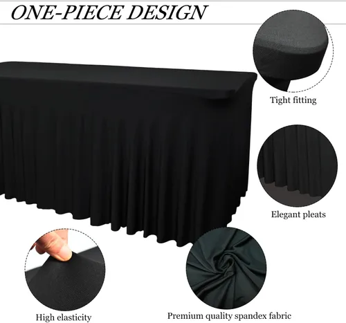 Vista 4 de Paquete de 2 Faldones de Mesa Rectangulares Negros, 48L x 24A x 30Al Pulgadas, Manteles Ajustados de Spandex Elástico, Resistentes a las Arrugas