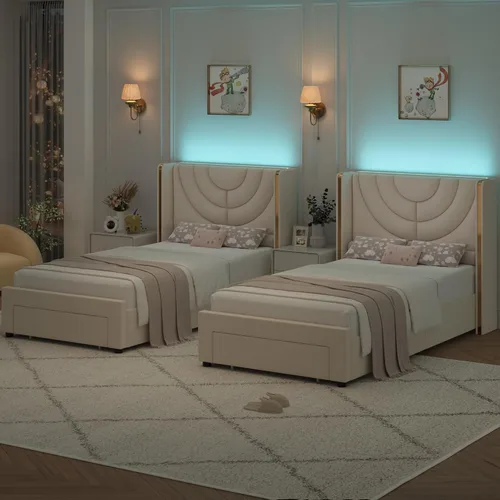 Vista 7 de HITHOS - Base de cama tapizada tamaño individual, cabecera de almacenamiento LED, color beige Velvet Bedframe with Storage Drawers, Wingback with