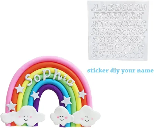 Vista 2 de Decoración de pastel de arcoíris personalizada con nombre para baby shower de cumpleaños de arcoíris con 26 letras, personaliza tu nombre