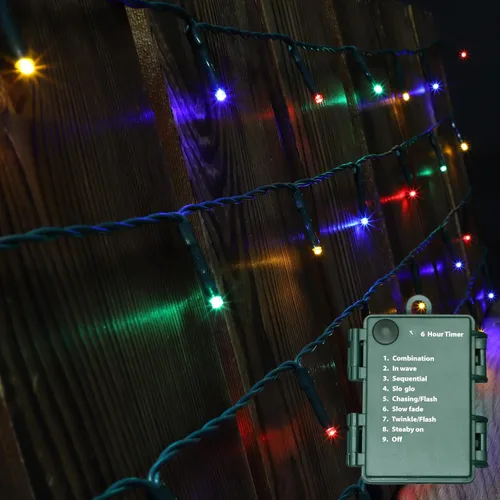 Vista 6 de LAMPHOME Luces de Navidad multicolor que funcionan con pilas, 34.1 pies, 100 luces LED impermeables de cadena para árbol de Navidad con 8 modos