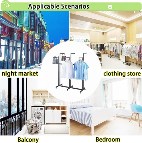Vista 6 de Perchero de pie de metal para ropa - Estantes de exhibición resistentes para uso comercial con ruedas, perchero de ropa de 6 brazos, perchas